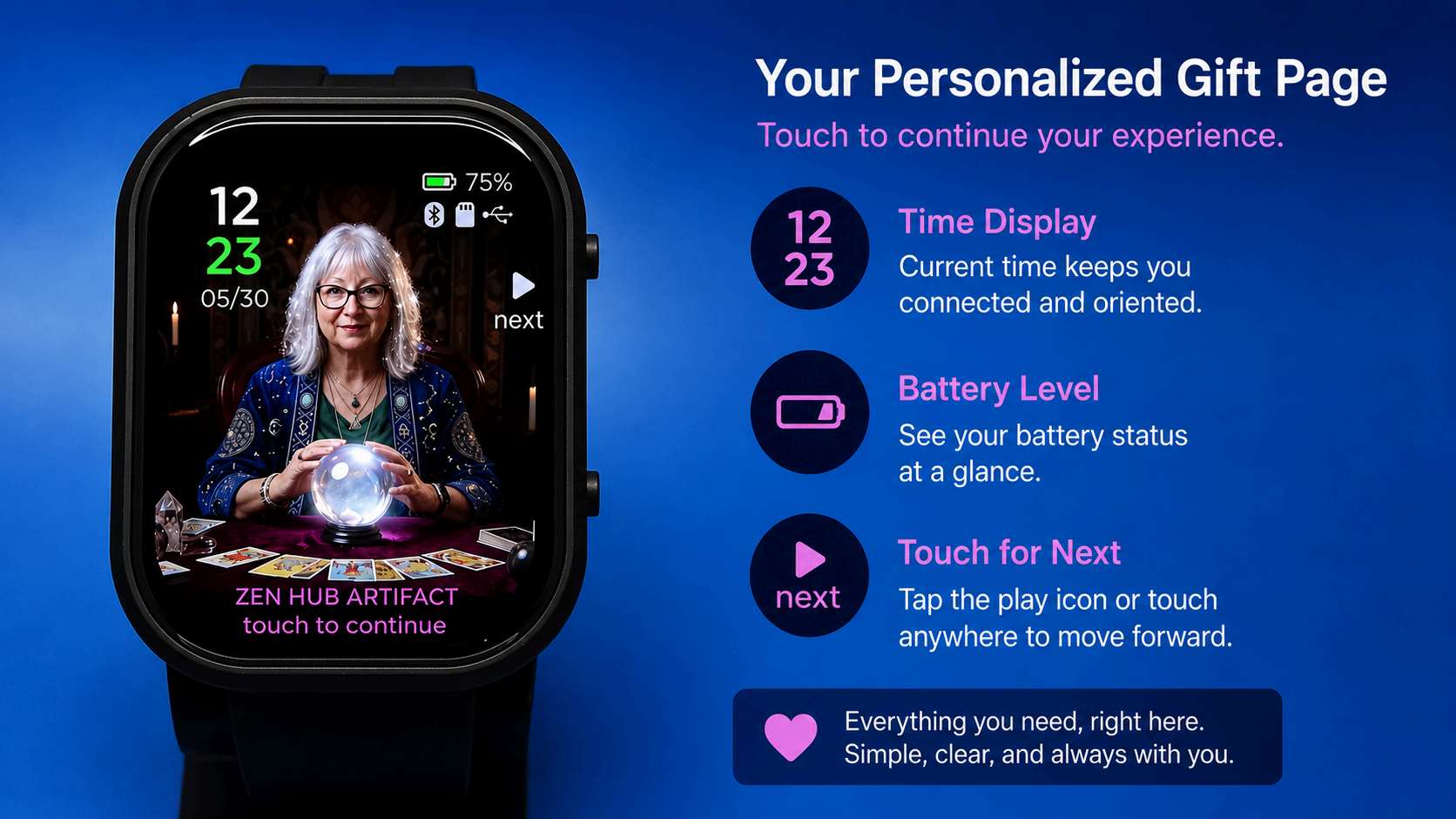 Personalized gift page with time display, battery level, and touch for next